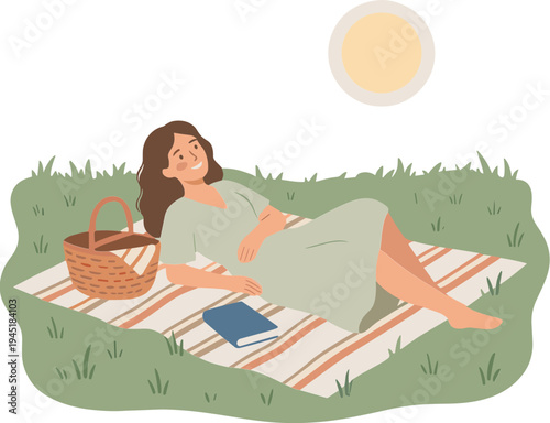 Woman relaxing on a blanket outdoors with picnic basket and book under sunny sky