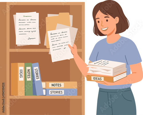 A woman organizes books and papers on a shelf in a room.