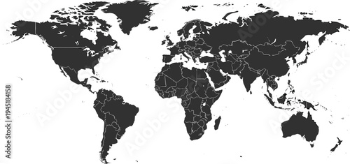 Highly detailed world map vector illustration featuring political borders of all countries and continents for global geography and international business