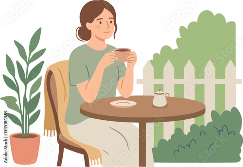 Woman sitting outdoors sipping coffee with plant and fence nearby