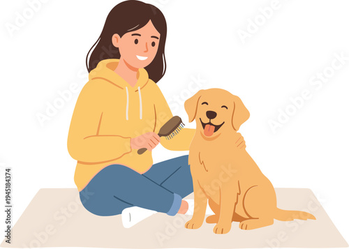 Woman brushing golden retriever dog on the floor indoors happily