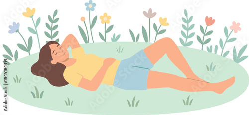Woman relaxing on grass surrounded by colorful flowers and plants outdoors.