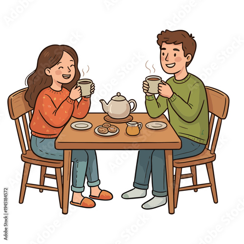 A couple enjoys coffee and conversation at a cozy table indoors.