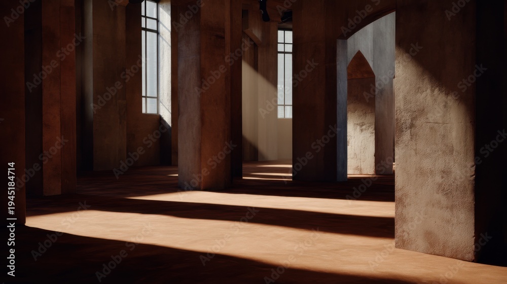 Fototapeta premium Empty Architectural Interior with Sunlight Streaming Through Tall Windows and Dramatic Shadows