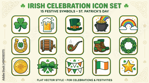 Festive Irish Celebration Vector Icon Set A vibrant collection of traditional symbols in flat style, perfect for St. Patrick's Day and cultural festivities