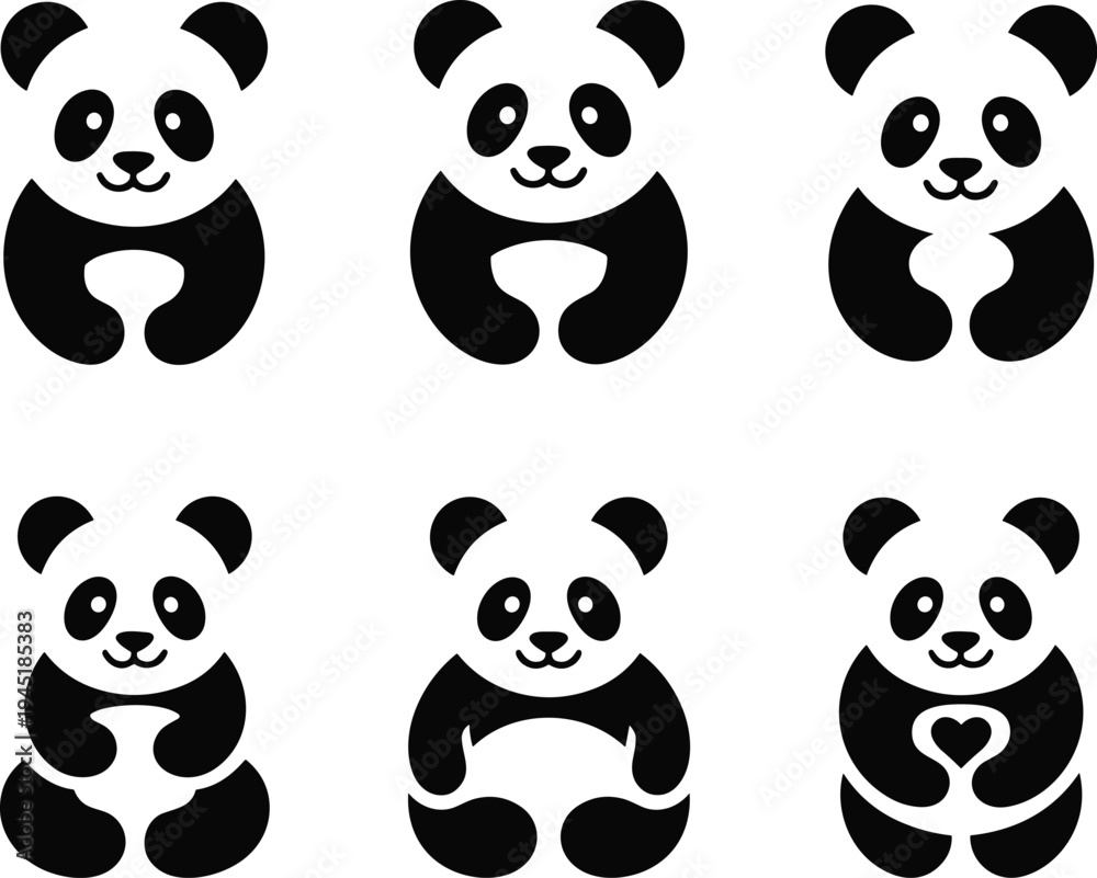 Fototapeta premium PrintPanda silhouette vector, cartoon animal icon, black and white wildlife graphic, cute bear