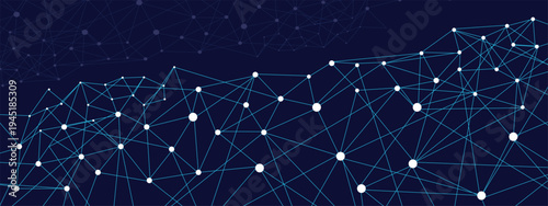 A network of glowing white lines and dots on a dark blue background representing connections and technology