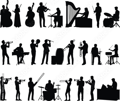 PrintMusician silhouette illustration, musical instrument vector design, orchestra band clipart, jazz rock classical graphics, performance outline art, diverse music icons collection