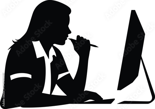 PrintOffice worker silhouette vector, computer desk icon, thoughtful study graphic, black and white design illustration, workplace focus art symbol
