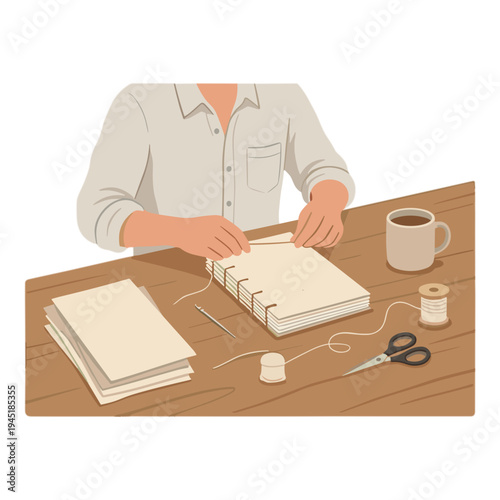 A man sits at a wooden desk sewing a notebook with scissors and thread