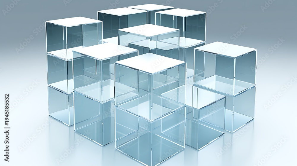 Obraz premium Cluster of transparent glass or acrylic cubes on a reflective surface with a gradient background