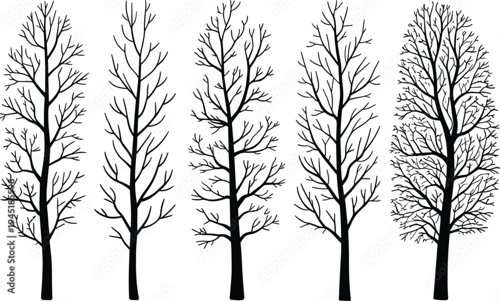 Obraz premium PrintTree silhouette illustration, branching pattern vector design, leafless tree clipart, nature outline graphics, decorative forest art, growth evolution icons collection