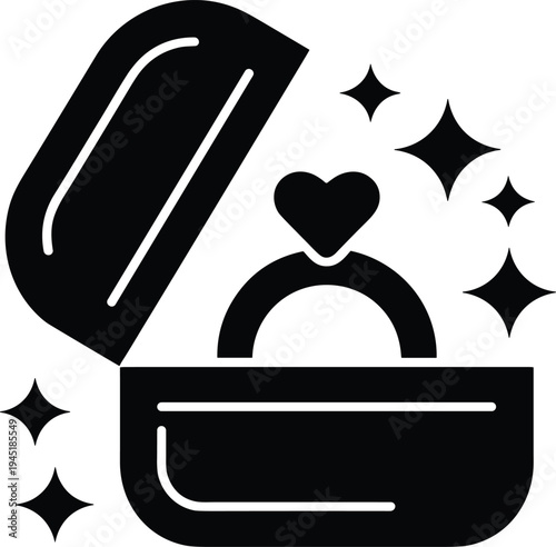 PrintRomantic engagement ring box with heart shaped gem, sparkling stars, love proposal symbol,