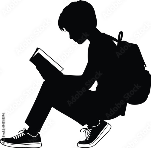 PrintStudent reading silhouette vector, education icon design, backpack learner graphic, black and white study illustration, knowledge symbol art, learning element