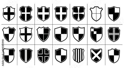 Collection of 20 heraldic shield icons in black and white with various designs and patterns