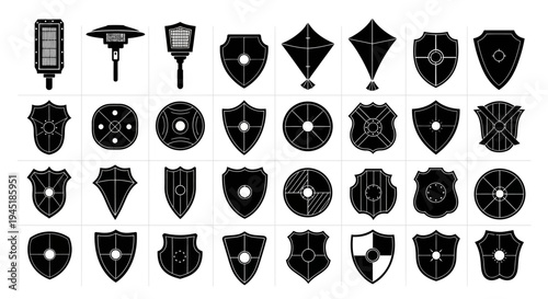 Collection of various shield and crest icons in black and white symbolizing protection and heraldry