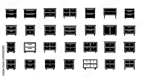 Collection of various black and white modern cabinet and dresser furniture designs on white background for interior decoration and organization