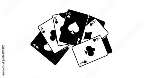 A fanned out deck of playing cards with aces and king on top black and white illustration