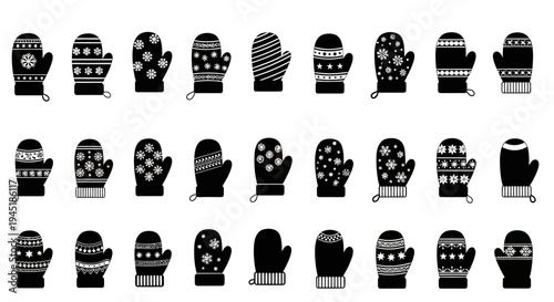 Collection of various winter mittens with different patterns on a white background