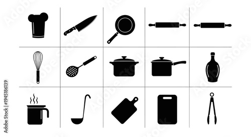 Collection of kitchen utensils and tools for cooking and food preparation on a white background