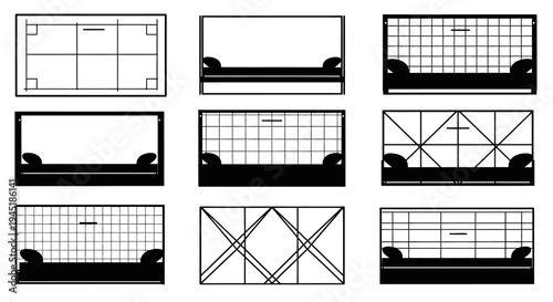 Various film frame grids and layouts for video production and cinematic composition on white background