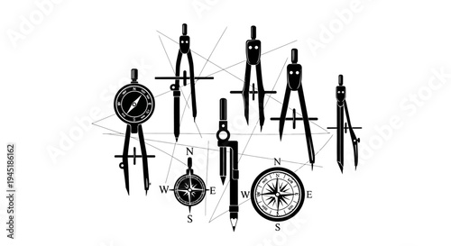 Drafting compasses and drawing tools on a geometric background for architecture and design