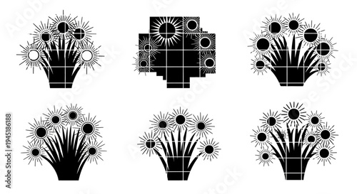 Black and white flower pot designs with geometric patterns and grids on a white background