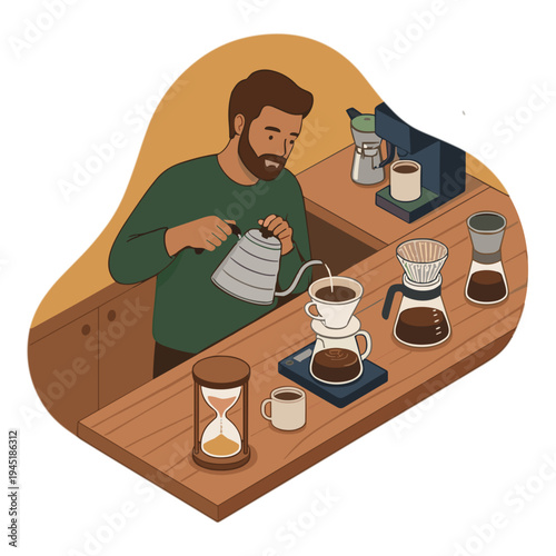 Man pouring water on coffee beans in a kitchen with various coffee makers and cups on the counter.