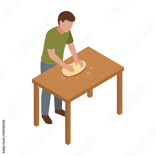 Man kneads dough on a wooden table indoors