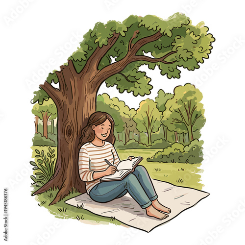 Woman reading book under tree in park with forest landscape
