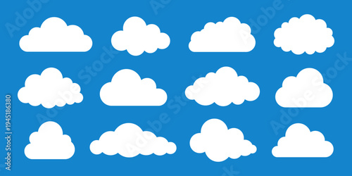 Cloud shapes vector set isolated on blue sky background. Simple flat white cloud icon collection, cartoon cloudscape illustration.