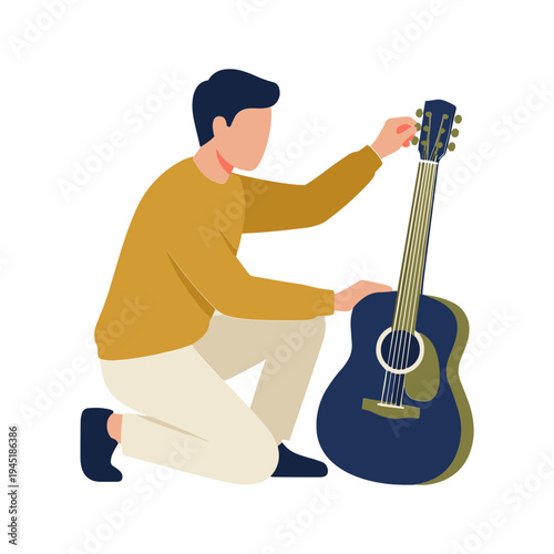 Man sitting down tuning a guitar indoors with hands