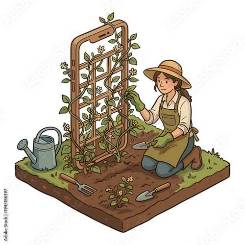 Woman gardening outside near trellis with tools and watering can