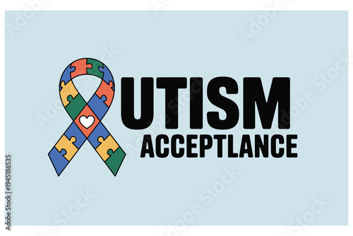 Colorful puzzle ribbon with autism acceptance text on light blue background