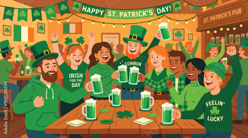 A joyful group of diverse friends celebrating St. Patrick's Day in a lively, decorated pub, raising glasses of green drinks in a festive toast