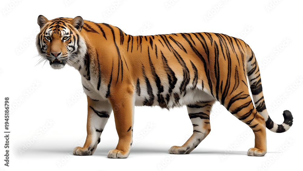Fototapeta premium Bengal Tiger Isolated on White Background Full Body Wildlife Image