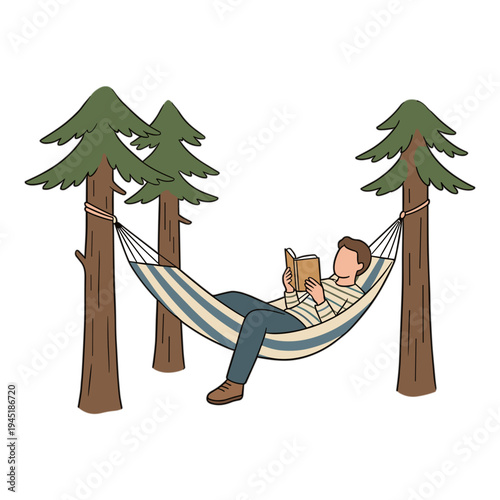 Man relaxes in hammock with cat between trees in forest