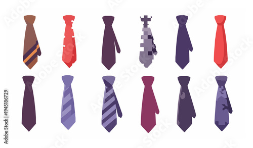 Male business ties cartoon vector collection with patterned and solid neckties isolated on white