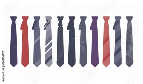 Male business tie vector collection with patterned and solid color neckties isolated on white