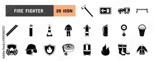 20 Fire Fighter Glyph Icon Illustration Set