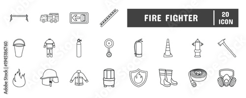 20 Fire Fighter Line Icon Illustration Set