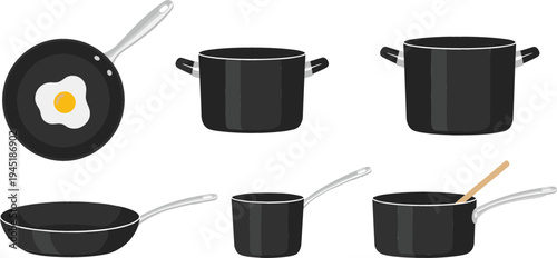 Minimalistic Black Cooking Pots and Pans Set with Frying Pan and Saucepans, Perfect for Kitchenware and Cooking Illustrations