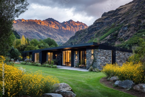 A charming mountain house is nestled within a vibrant green landscape adorned with blooming flowers, all illuminated by a stunning sunset backdrop near Queenstown, New Zealand