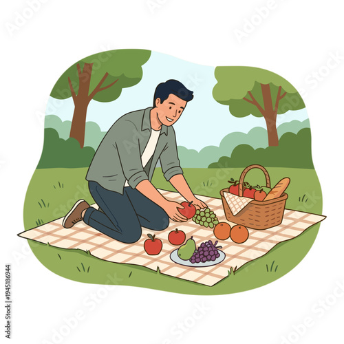 Man enjoys outdoor picnic with fruit and basket in park