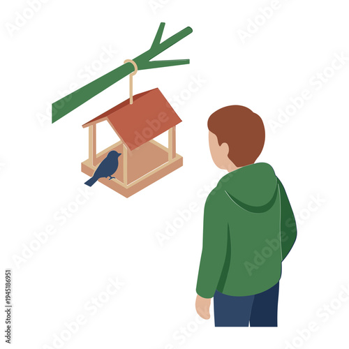 A man observes a bird perched on a hanging wooden bird feeder outdoors.