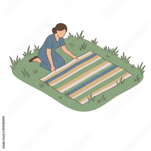 Woman spreads colorful picnic blanket on green grassy lawn outdoors