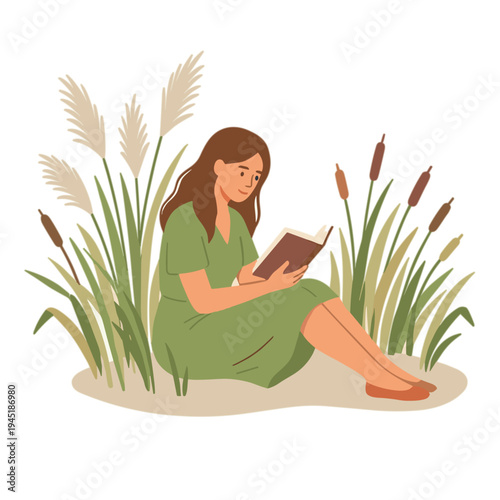 A woman sits serenely reading a book among tall plants and reeds outdoors.
