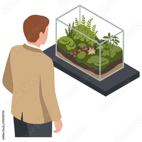 Man observing a terrarium with plants and mushrooms on a display