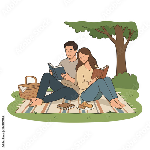 Couple reading books on a blanket outdoors under a tree