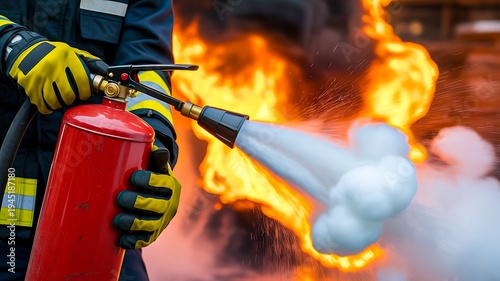 Firefighter using fire extinguisher to put out flames with safety gloves